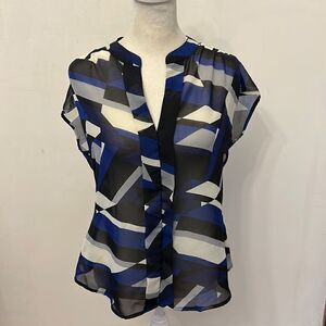 3/$30 Metaphor black blue sheer patterned cap sleeve blouse Size S